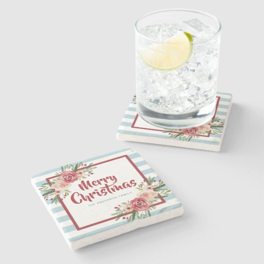 青ストライプ色の水色の花クリスマス ストーンコースター (横)