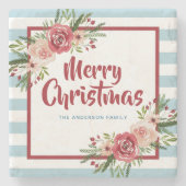 青ストライプ色の水色の花クリスマス ストーンコースター (正面)