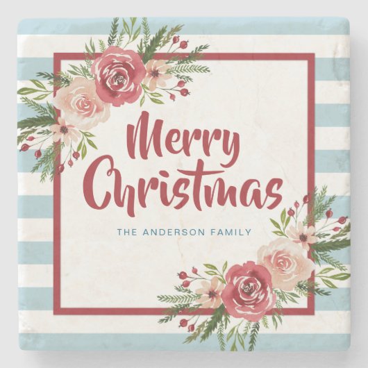青ストライプ色の水色の花クリスマス ストーンコースター (正面)
