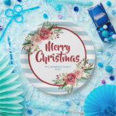 青ストライプ色の水色の花クリスマス ペーパープレート (パーティー)