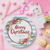 青ストライプ色の水色の花クリスマス ペーパープレート (パーティー)