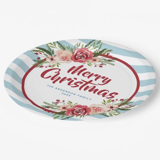 青ストライプ色の水色の花クリスマス ペーパープレート (アングル)