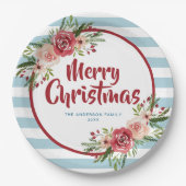 青ストライプ色の水色の花クリスマス ペーパープレート (正面)