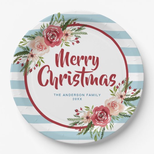 青ストライプ色の水色の花クリスマス ペーパープレート (正面)