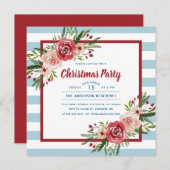 青ストライプ色の水色フローラクリスマスパーティー 招待状 (正面/裏面)