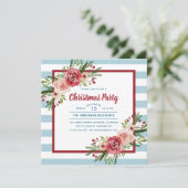 青ストライプ色の水色フローラクリスマスパーティー 招待状 (スタンド正面)