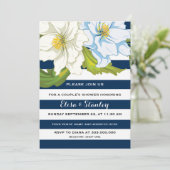 青ストライプ色の花の結婚カップルのシャワー 招待状 (スタンド正面)