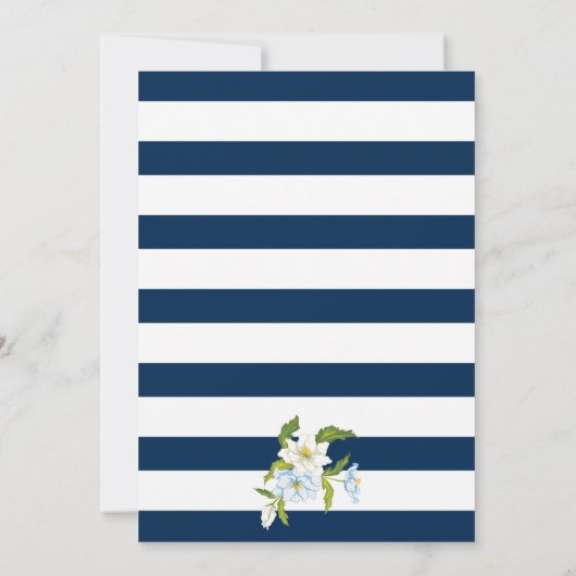 青ストライプ色の花の結婚カップルのシャワー 招待状 (裏面)