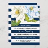 青ストライプ色の花の結婚カップルのシャワー 招待状 (正面/裏面)