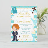 青ストライプ色の赤毛の男の子の最初の聖餐式 招待状 (スタンド正面)