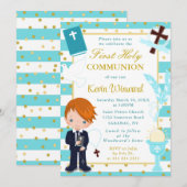 青ストライプ色の赤毛の男の子の最初の聖餐式 招待状 (正面/裏面)