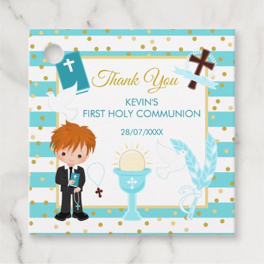 青ストライプ色の赤髪の男の子最初の聖餐式 フェイバータグ (正面)