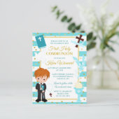 青ストライプ色の赤髪の男の子最初の聖餐式 ポストカード (スタンド正面)