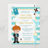 青ストライプ色の赤髪の男の子最初の聖餐式 ポストカード (正面/裏面)