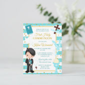 青ストライプ色の黒い髪の男の子最初の神聖な聖餐式 ポストカード (スタンド正面)