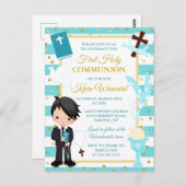 青ストライプ色の黒い髪の男の子最初の神聖な聖餐式 ポストカード (正面/裏面)