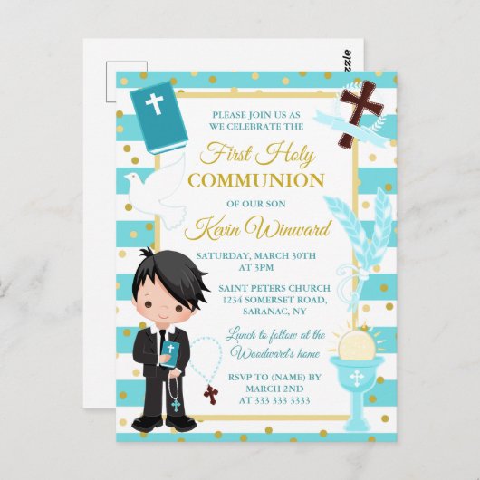 青ストライプ色の黒い髪の男の子最初の神聖な聖餐式 ポストカード (正面/裏面)