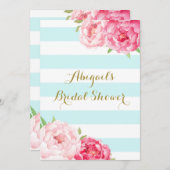青ストライプ色ピンク水彩ブライダルシャワー 招待状 (正面/裏面)