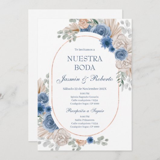 青スペインのフローラ結婚ズ 招待状 (正面/裏面)