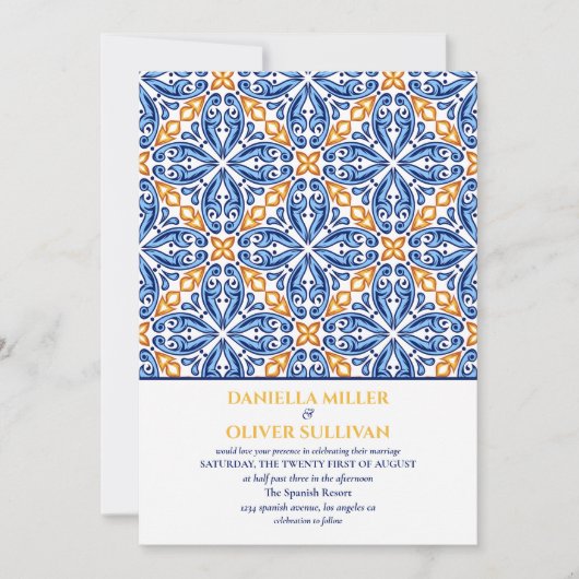 青スペインの黄地中海の結婚瓦 招待状 (正面)