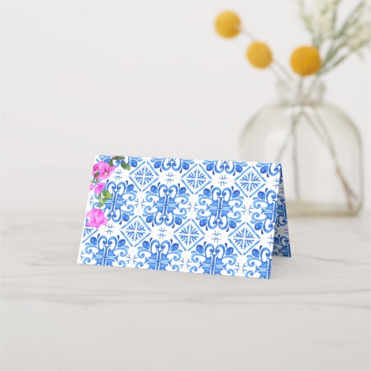 青タイルのブーガインビリアを飾った地中海風 プレイスカード (裏面)