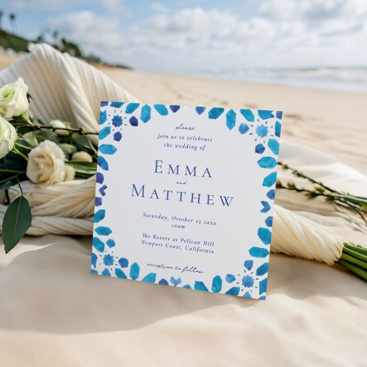 青タイルモロッコジオメトリックスクエア結婚ズ 招待状
