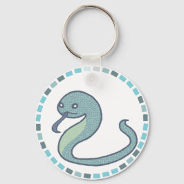 青タイル&爽やかな緑のへびイラスト キーホルダー