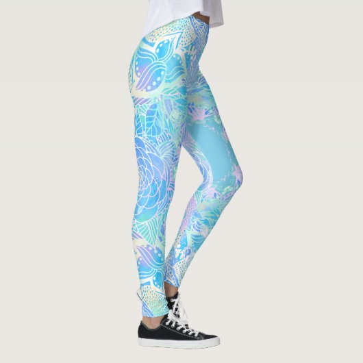 青ターコイズフローラ水彩手描き曼荼羅 レギンス (右)