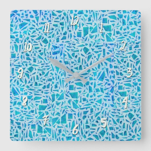青ターコイズモザイクガラスタイルチモダンック スクエア壁時計 (正面)