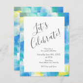 青ターコイズ黄モダン抽象芸術 招待状 (正面/裏面)