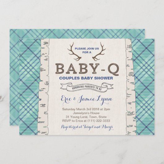 青タータン 縦縞 カップル ベビーシャワー 男の子 招待状 (正面/裏面)