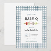 青チェックのバーベキュー ベイビーシャワーの招待状 招待状 (正面/裏面)