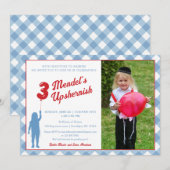 青チェックの赤い風船 ウプシェリン写真招待状 招待状 (正面/裏面)