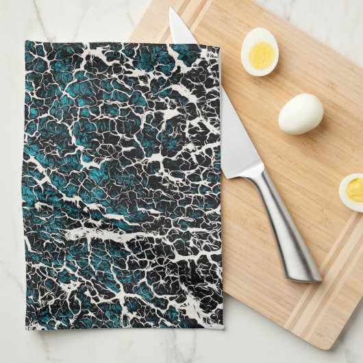 青ティール(緑がかった色)白黒抽象芸術パターン キッチンタオル (四つ折り)