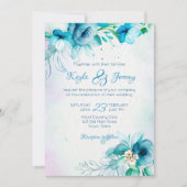 青ティール（緑がかった色）結婚緑花フローラ 招待状 (正面)