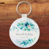 青ティール(緑がかった色)緑の花フローラ キーホルダー (正面)