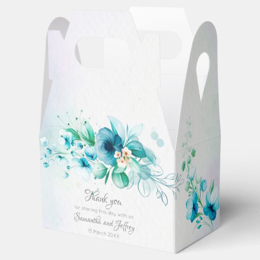 青ティール（緑がかった色）緑花フローラ結婚式の引き出物箱 フェイバーボックス (オープン)