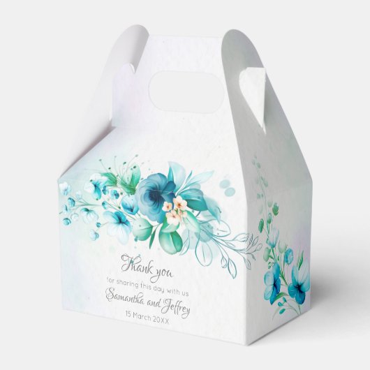 青ティール（緑がかった色）緑花フローラ結婚式の引き出物箱 フェイバーボックス (正面サイド)
