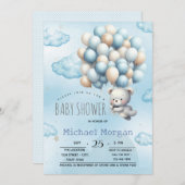 青テディベアーバルーン雲ベビーシャワー 招待状 (正面/裏面)