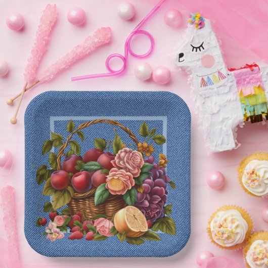 青デニムの果実と花 ペーパープレート (パーティー)