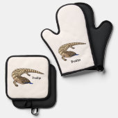 青トカゲ爬虫類漫画 鍋つかみ&鍋敷きセット (正面/裏面)