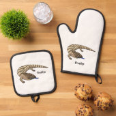 青トカゲ爬虫類漫画 鍋つかみ&鍋敷きセット (トップダウン)