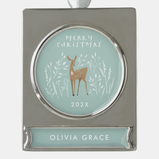 青トナカイの植物性エレガント繊細 シルバープレートバナーオーナメント (正面)