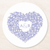 青ハートチューリップフローラモノグラム結婚グラム ラウンドペーパーコースター (正面)