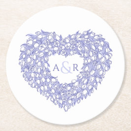 青ハートチューリップフローラモノグラム結婚グラム ラウンドペーパーコースター