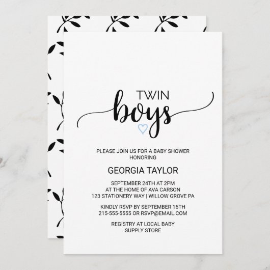 青ハート |ブラックシンプル書道ツインボーイズ 招待状 (正面/裏面)
