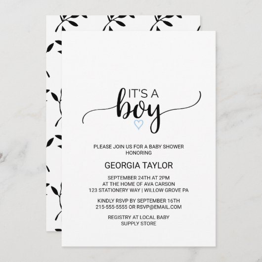 青ハート |黒シンプル書少年 招待状 (正面/裏面)