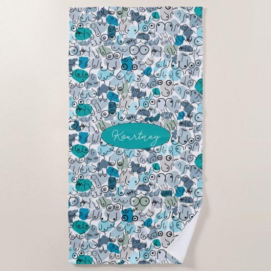 青パステルカラーの胸 ビーチタオル (正面)