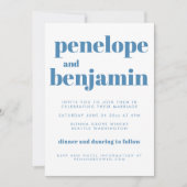 青パタモダンーンレトロタイポグラフィ結婚 招待状 (正面)