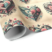 青パターン（の模様が）あると赤いハート ラッピングペーパー (ロールコーナー)